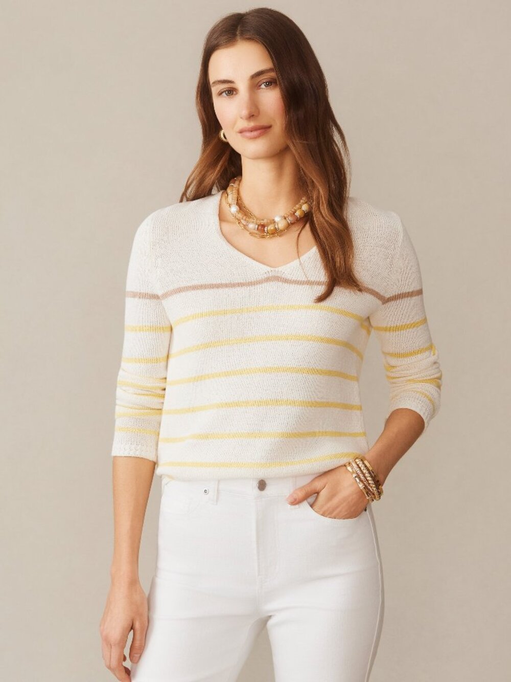 J McLaughlin Ramona Linen Blend Sweater in Stripe - White/Yellow NEW